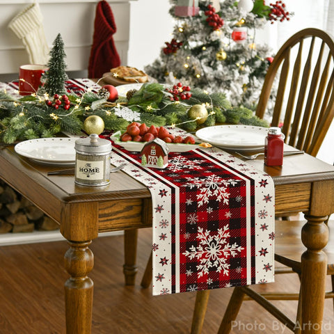 Artoid Mode buffalo plaid snowflakes runner on a bright holiday table.
