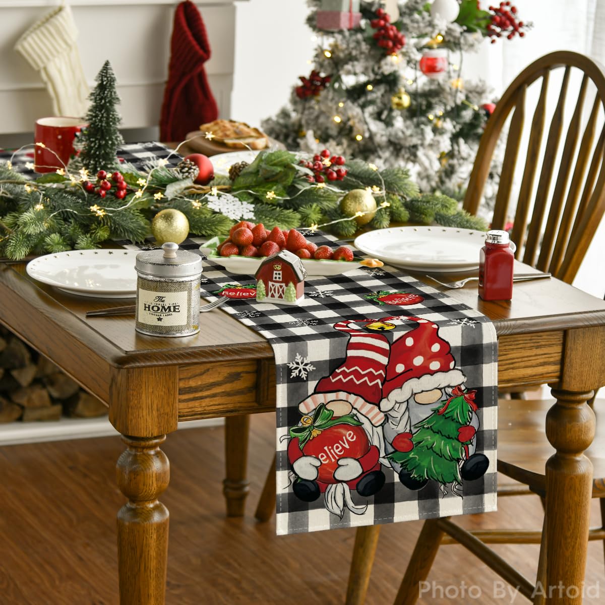 Closeup of Artoid Mode buffalo plaid table runner fabric showing durable polyester construction