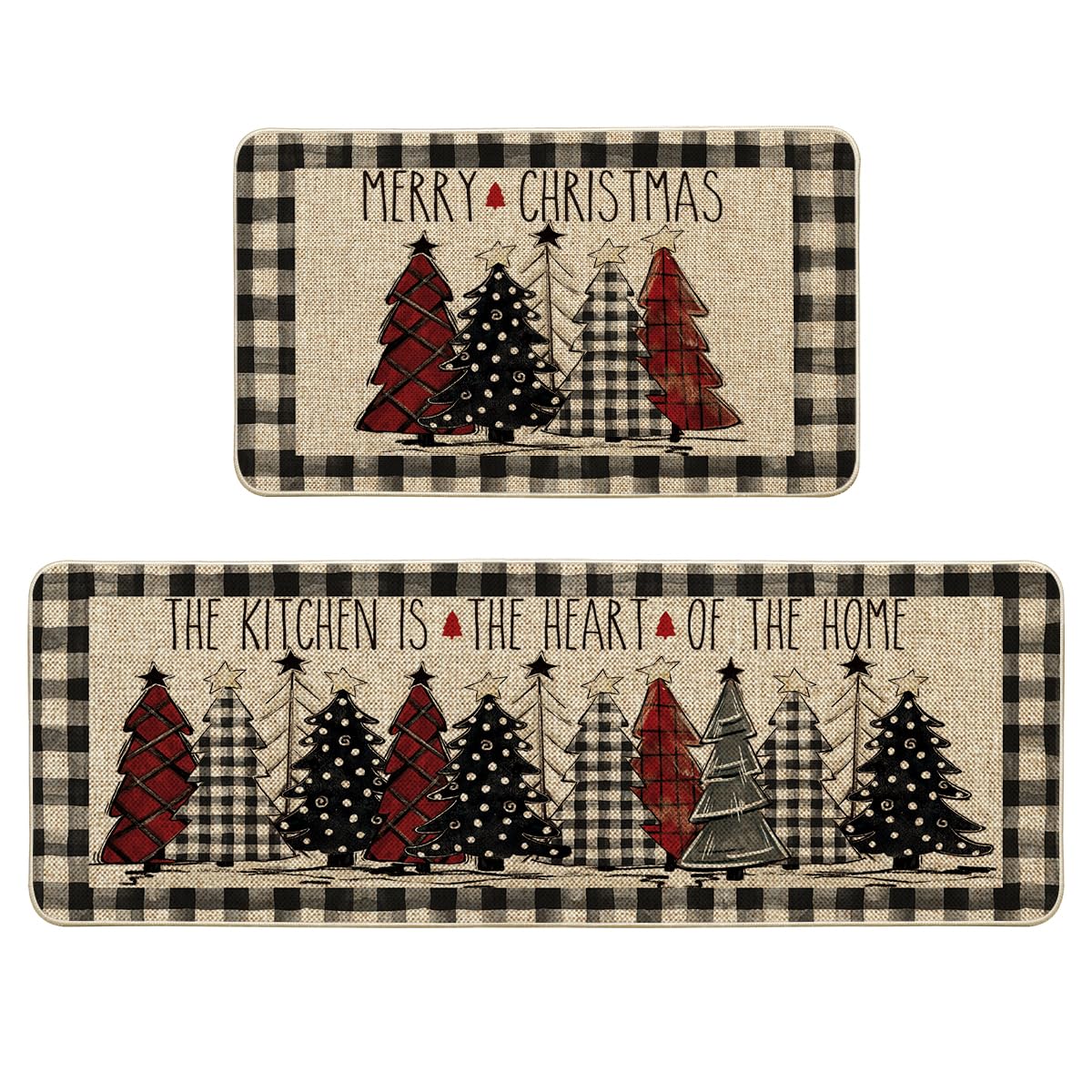 Artoid Mode buffalo plaid Xmas tree mat for festive kitchen decor and floor protection.