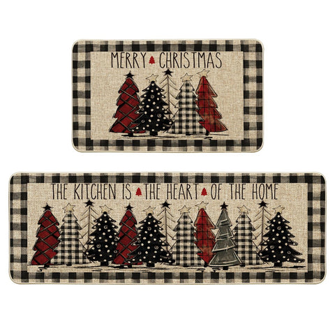Artoid Mode buffalo plaid Xmas tree mat for festive kitchen decor and floor protection.