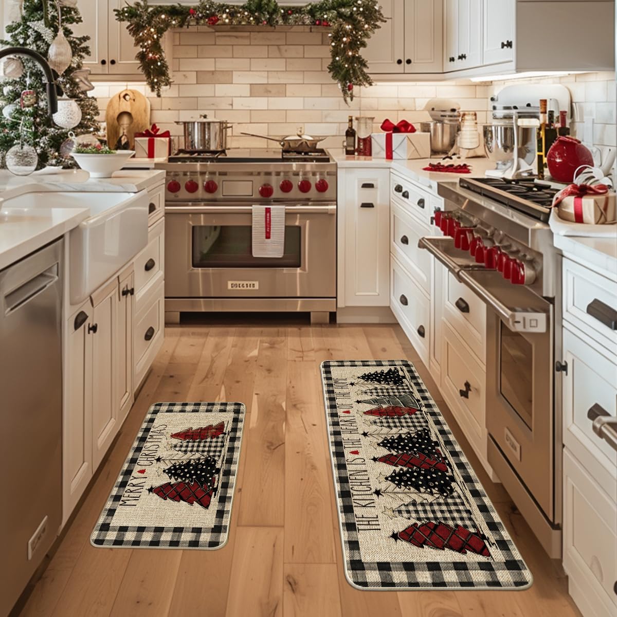 Artoid Mode buffalo plaid Xmas tree mat in 17x47 size provides floor protection.