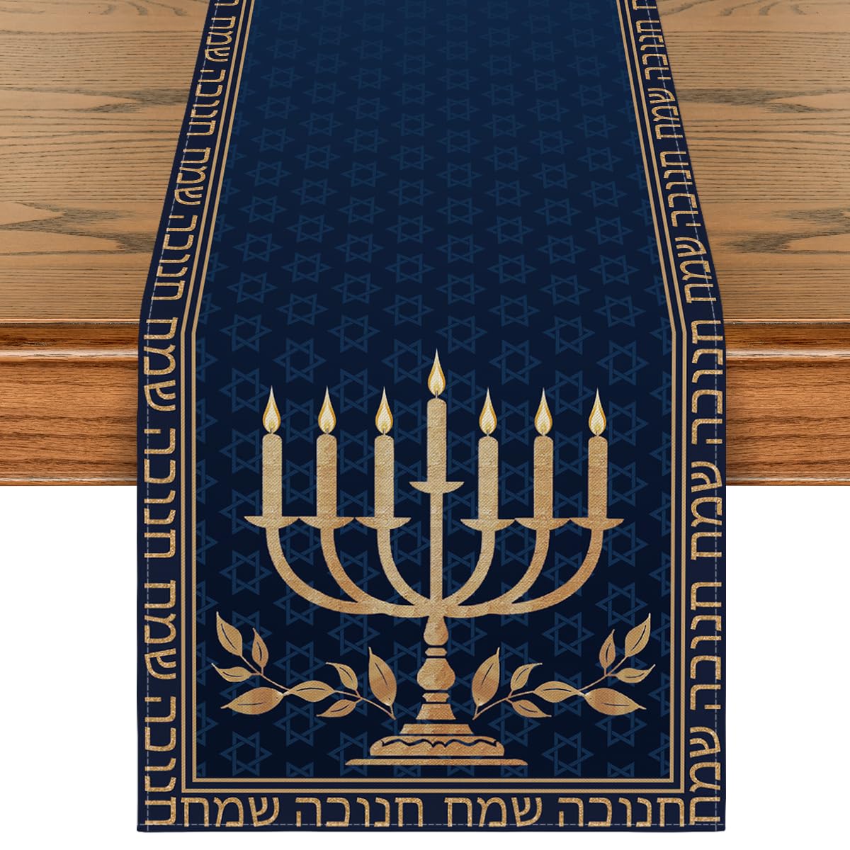 Artoid Mode candle menorah table runner with hexagram pattern for Hanukkah decor