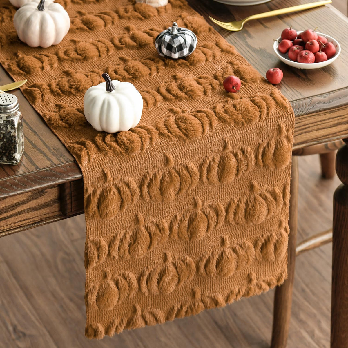 Artoid Mode caramel plush faux fur pumpkins table runner elevates seasonal table decor while protecting surfaces