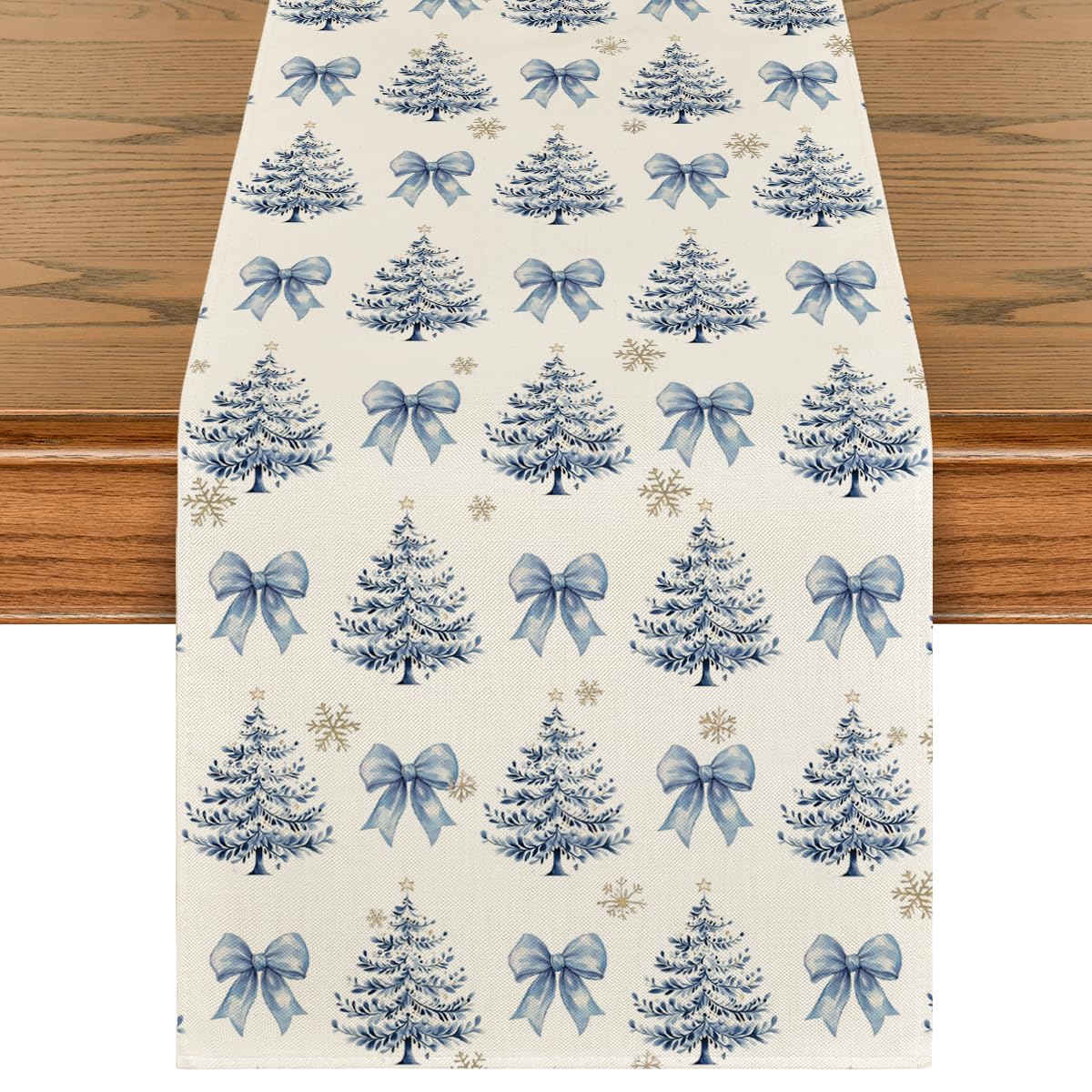 Artoid Mode cedar bowknot snowflakes table runner showing festive centerpiece and table protection