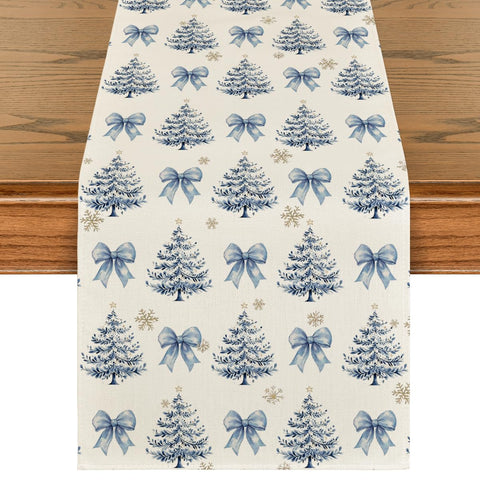 Artoid Mode cedar bowknot snowflakes table runner showing festive centerpiece and table protection