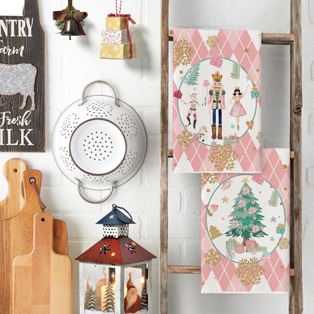 Artoid Mode Christmas kitchen towels brighten the counter with a playful motif.