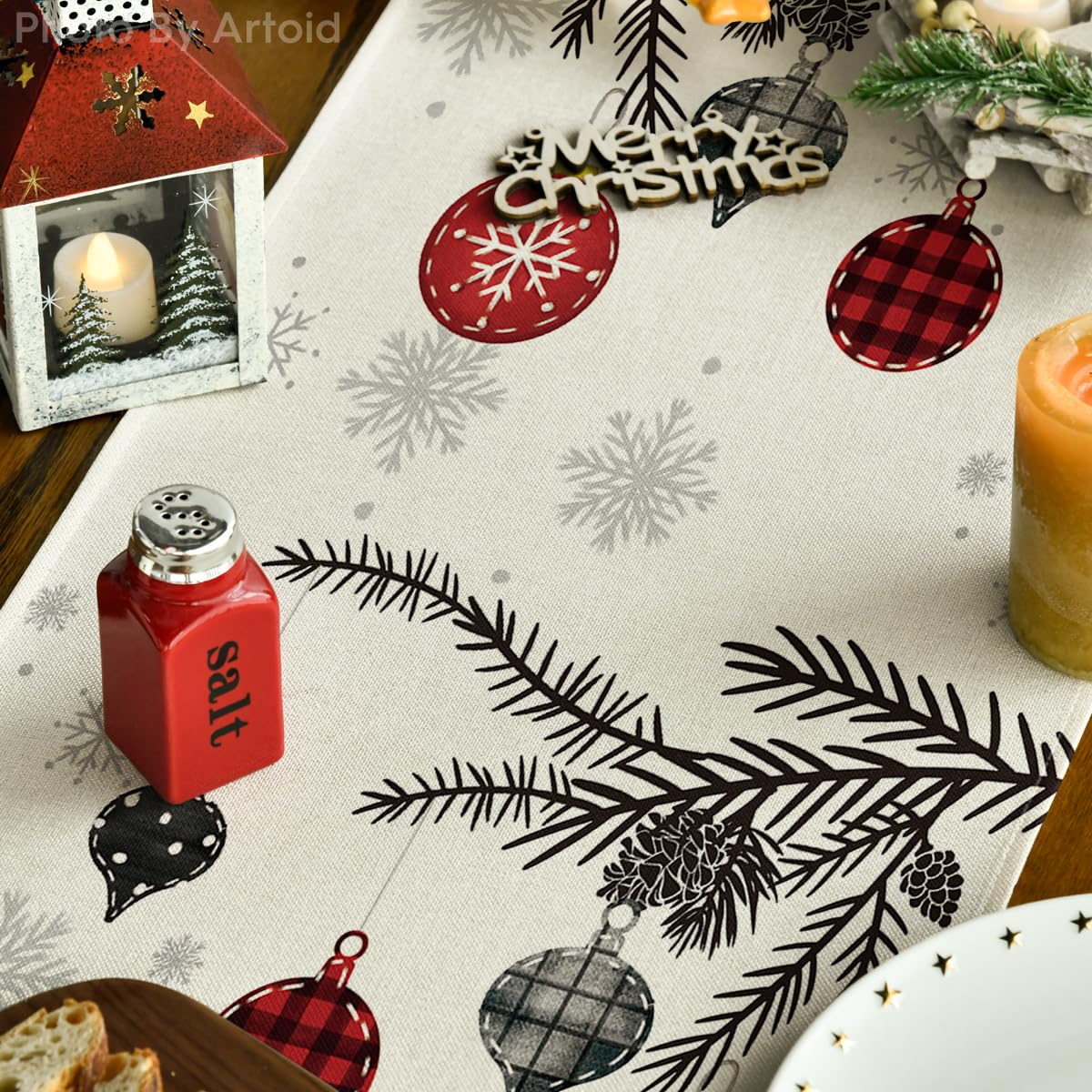 Artoid Mode Christmas kitchen runner with vibrant print for festive table setup.