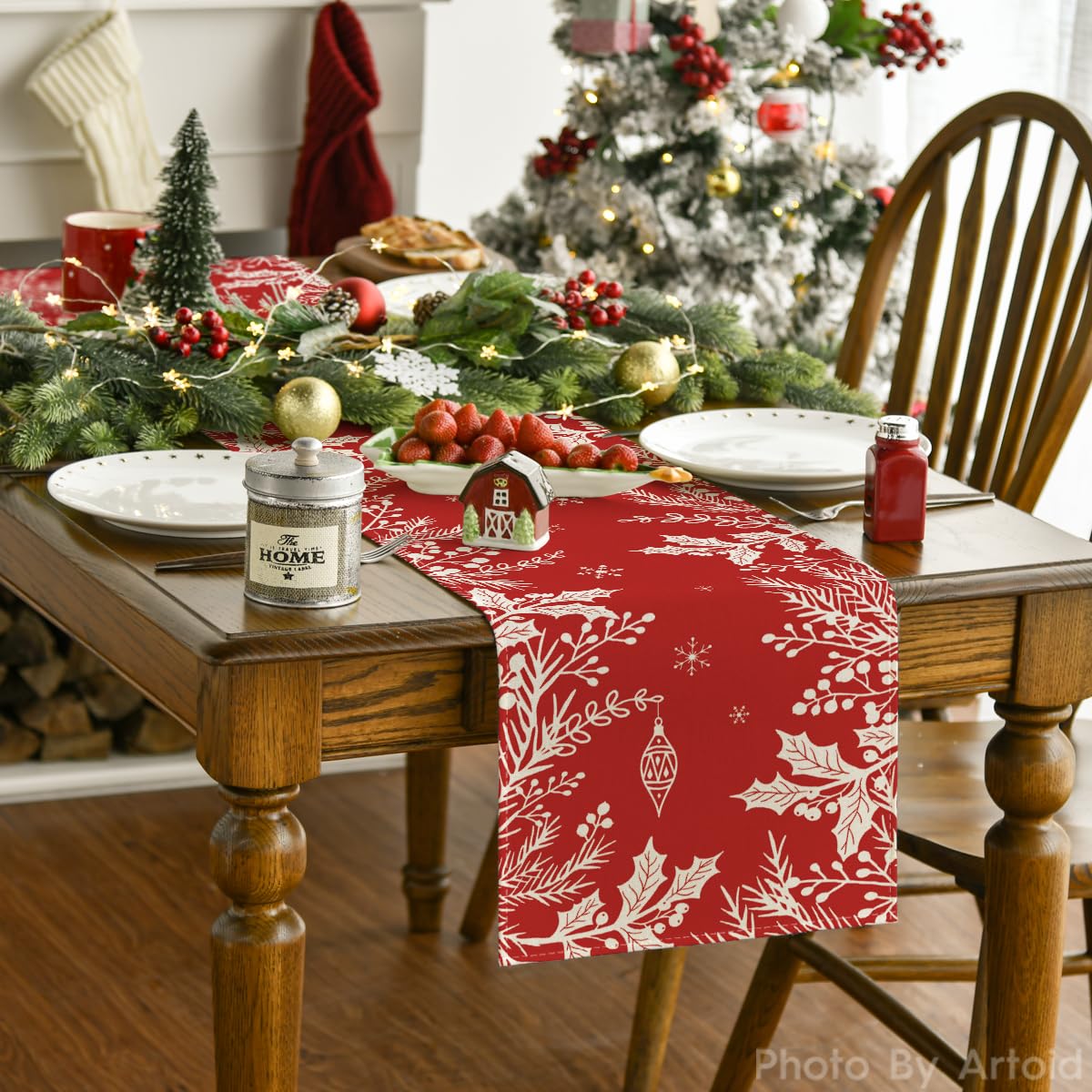 Artoid Mode Christmas pattern table runner adds festive color to dinners.