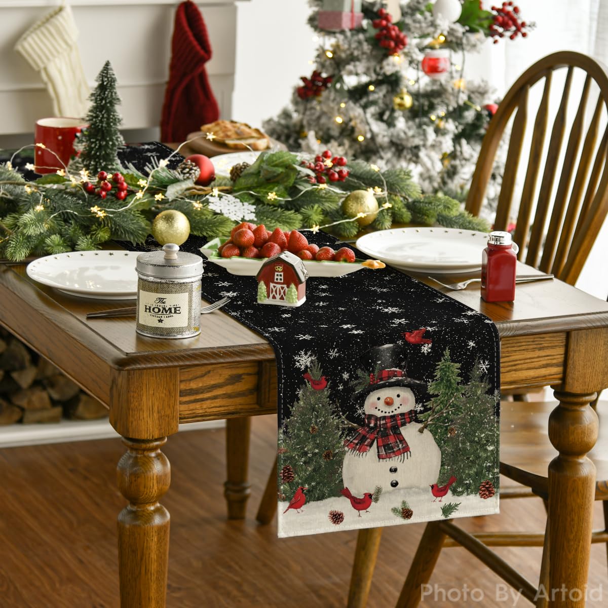 Artoid Mode Christmas table runner closeup showcases vibrant pattern for holiday decor.