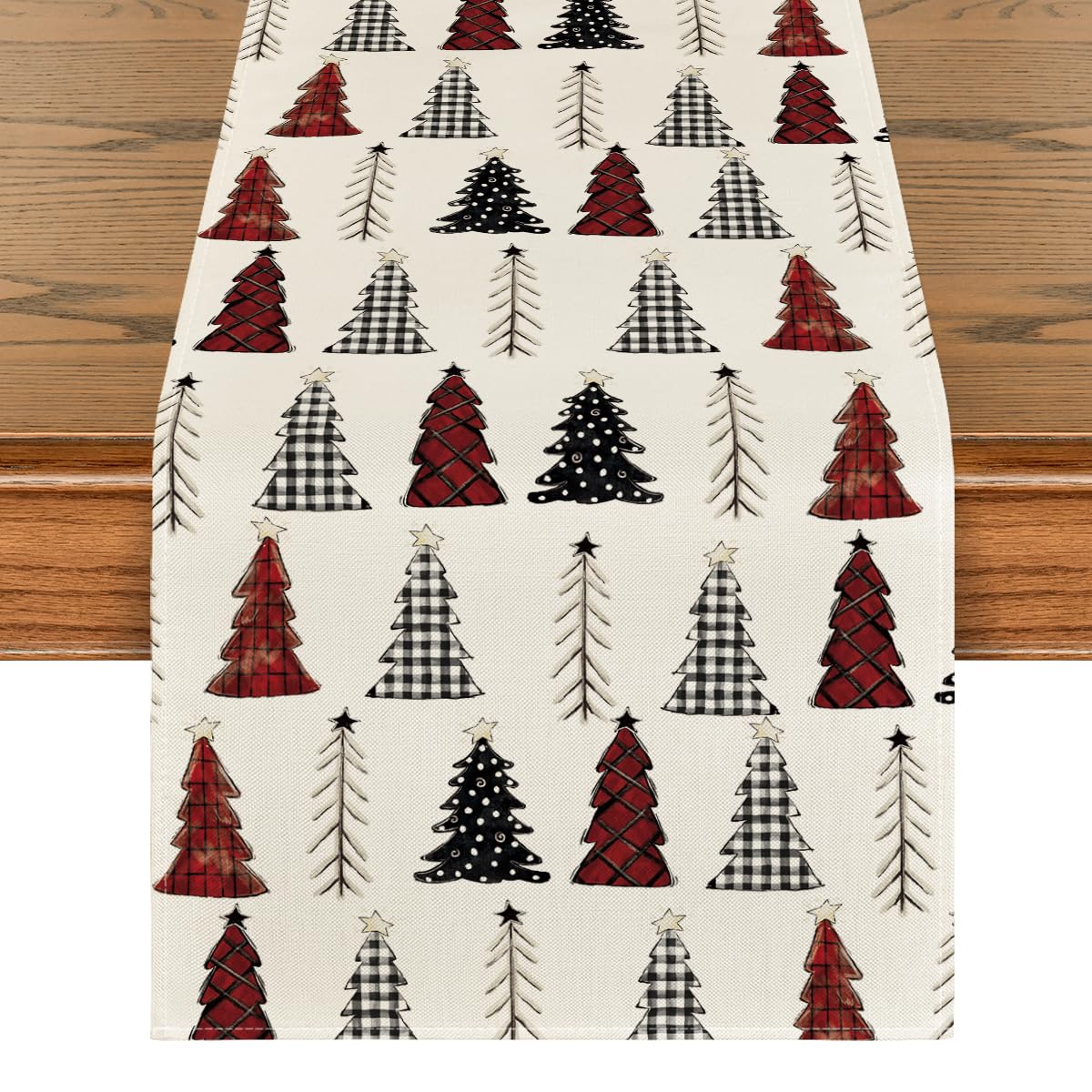 Artoid Mode Christmas tree table runner on table, festive centerpiece that protects surfaces.