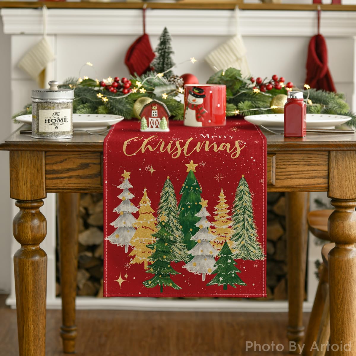 Artoid Mode Christmas Trees table runner dining-table scene adds holiday charm.