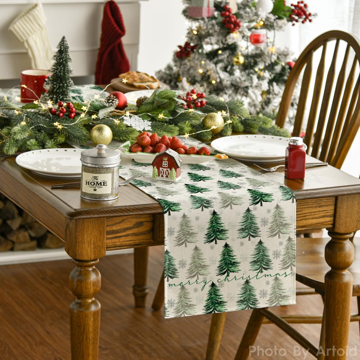 Artoid Mode Xmas Trees Snowflake table runner machine washable for easy care.