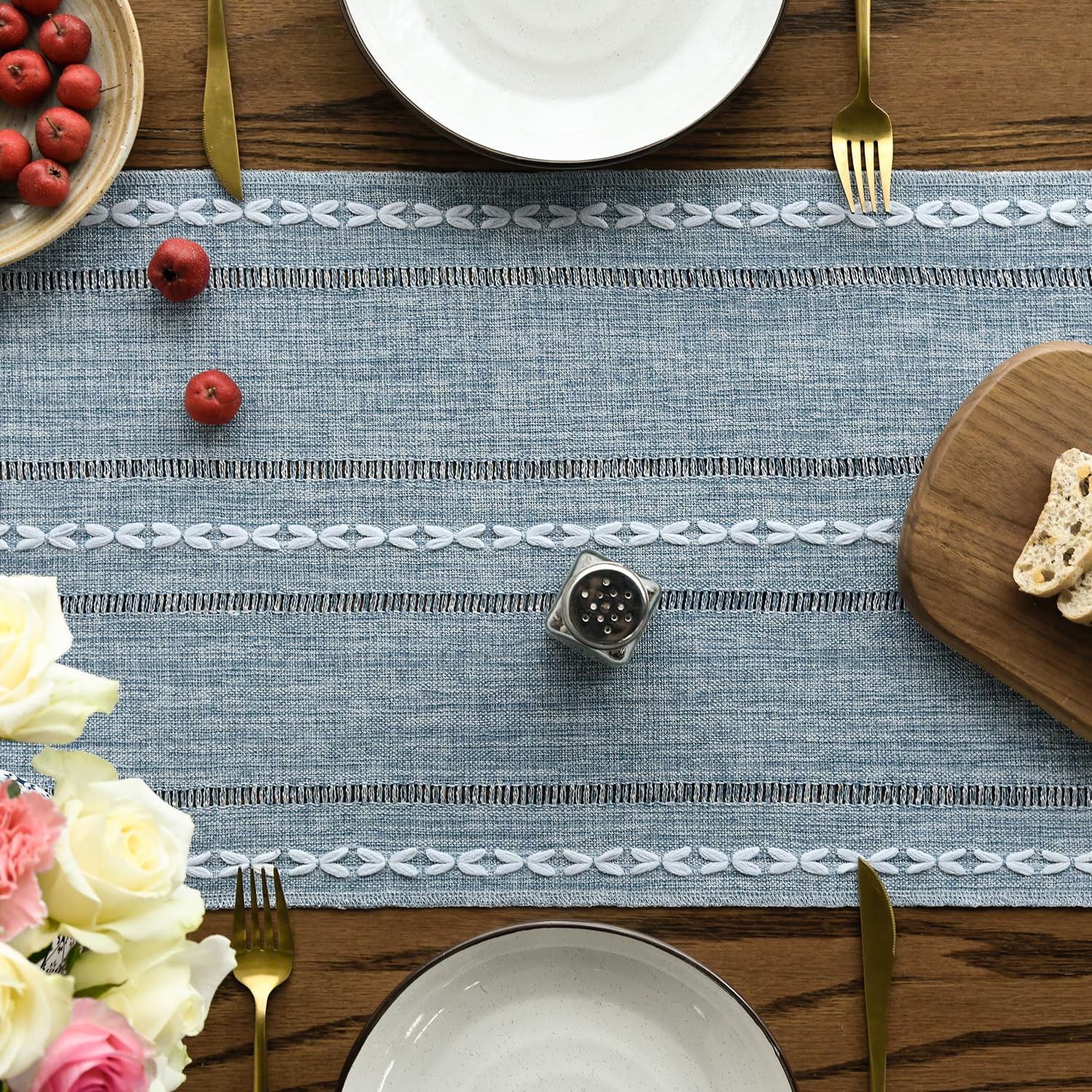 Artoid Mode dusty blue runner on a dining table highlights vibrant color