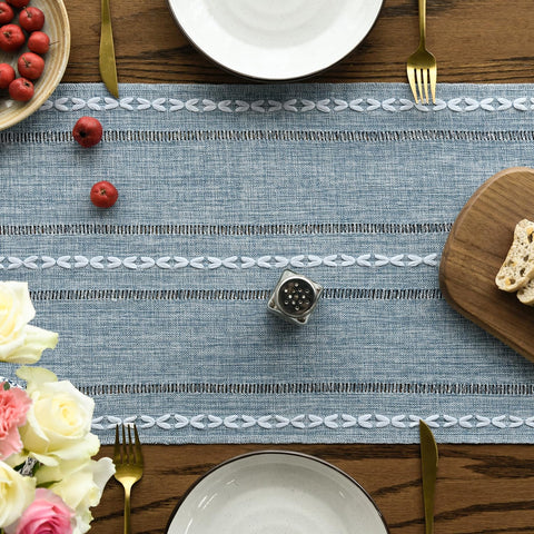 Artoid Mode dusty blue runner on a dining table highlights vibrant color