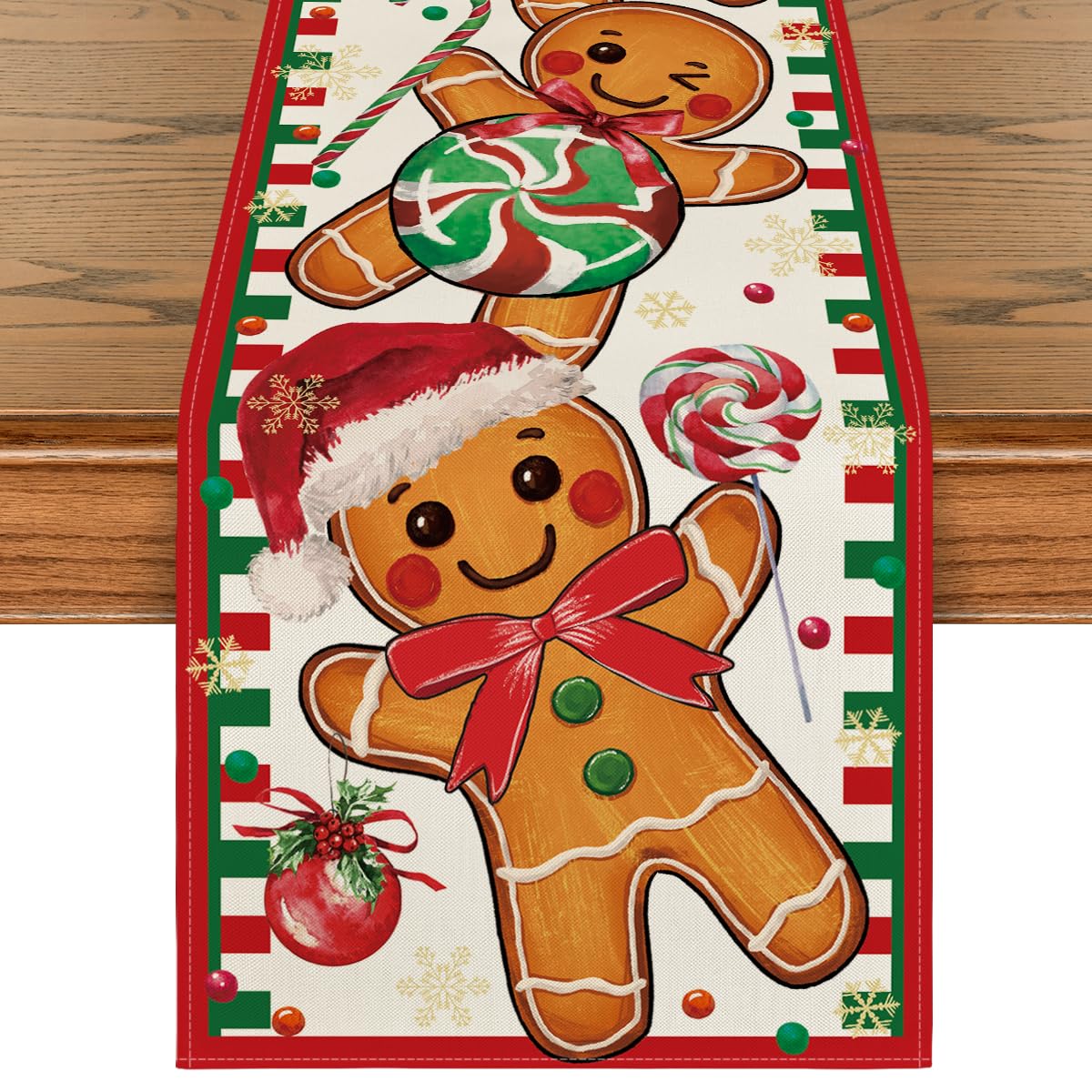 Artoid Mode Gingerbread Candy Cane pattern table runner adds festive charm and protects your table.