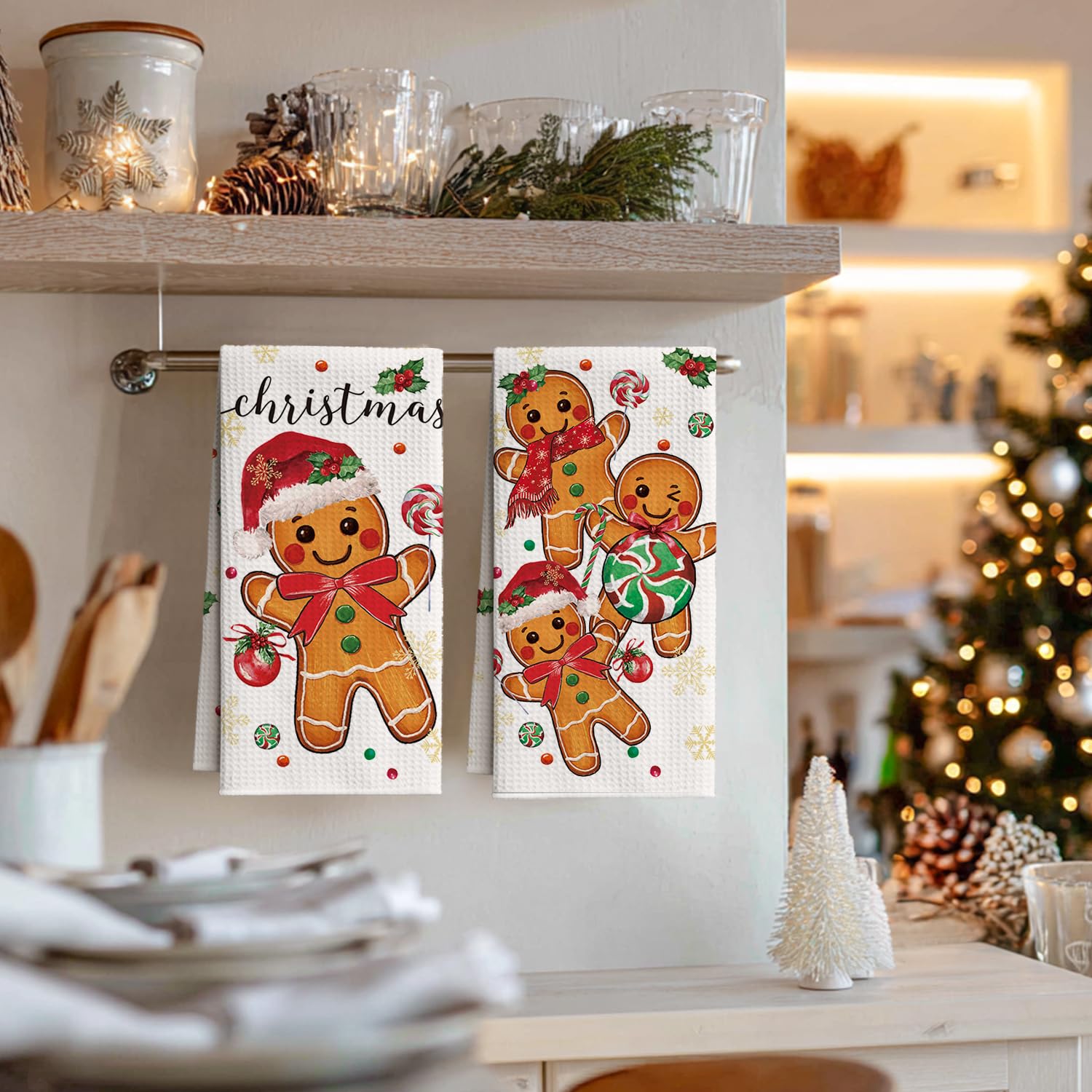 Artoid Mode Gingerbread Candy kitchen towel absorbing moisture during dish drying.