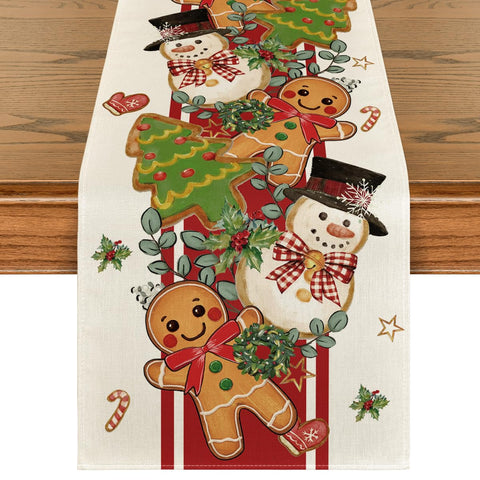 Artoid Mode Gingerbread-Snowman-Table-Runner adds festive charm for holiday dinners.