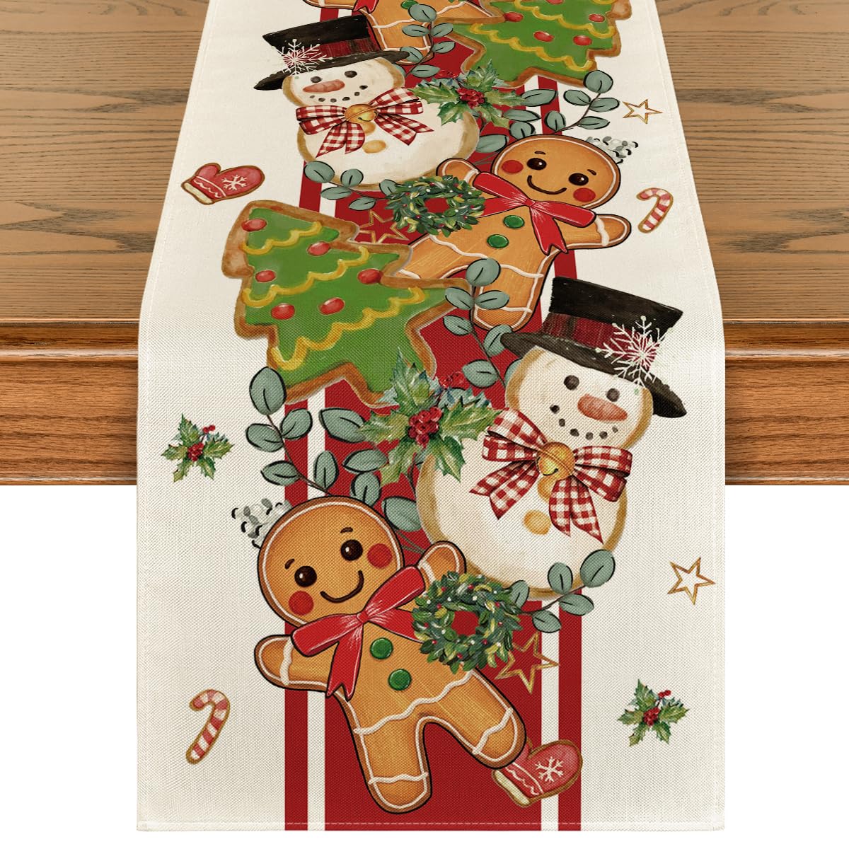 Artoid Mode Gingerbread Snowman table runner closeup showing vibrant pattern and stitching