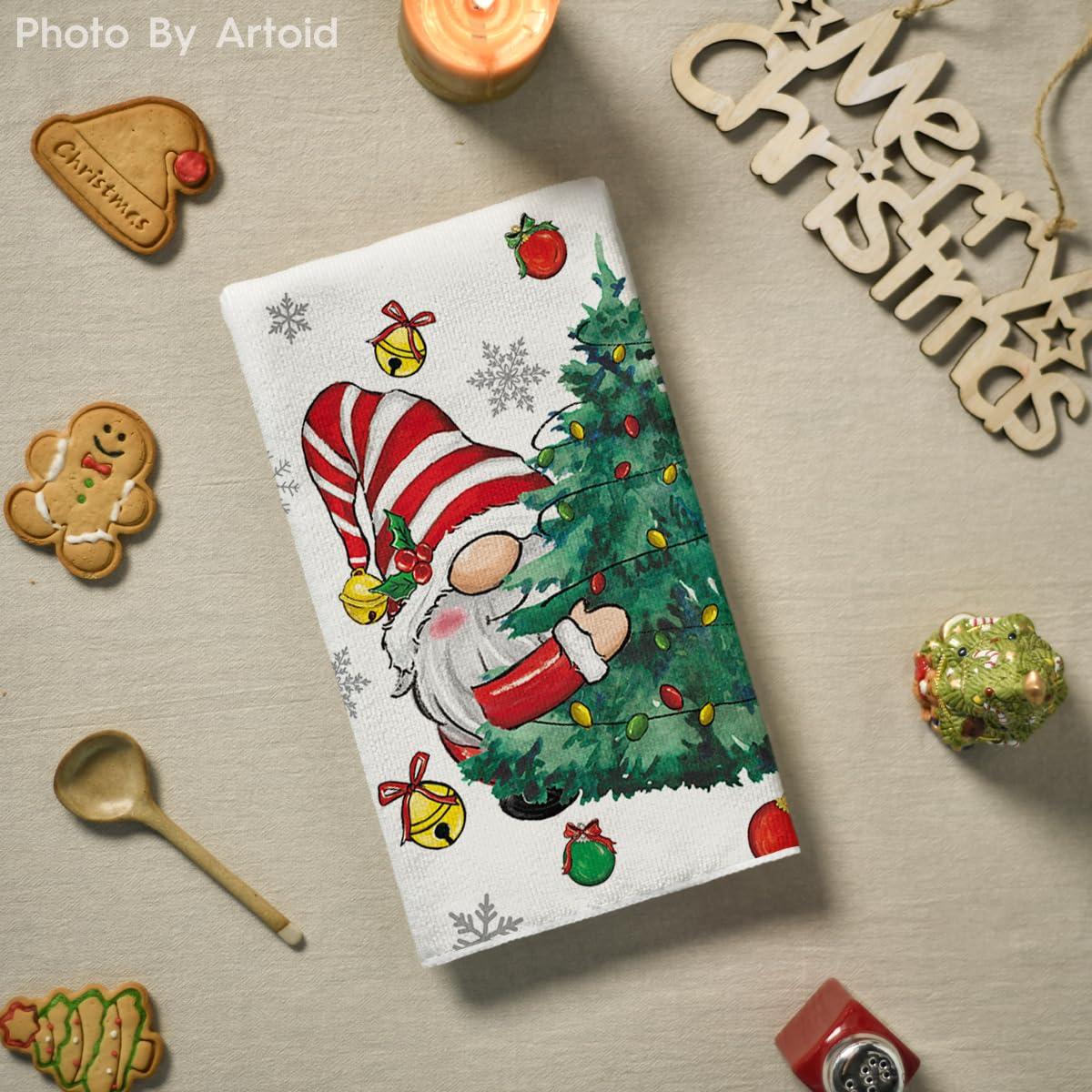 Artoid Mode gnomes kitchen decor towel hanging adds festive vibe and practicality.