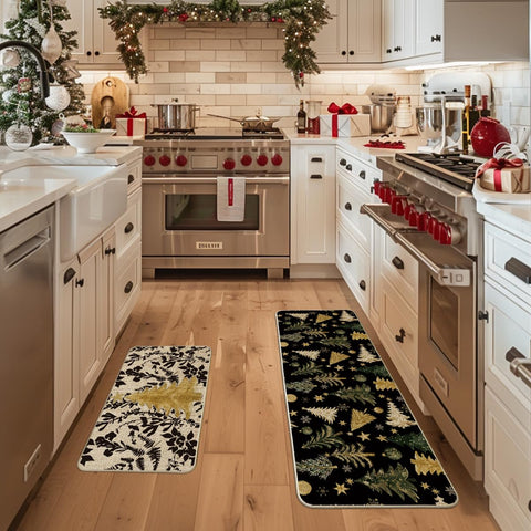 Artoid Mode Golden Xmas Tree Ornament kitchen mat 17x47 brings seasonal charm to your floors.