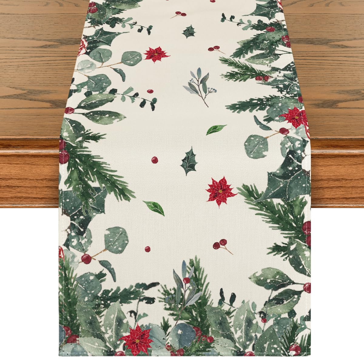 Artoid Mode Green Leaves Poinsettia Holly table runner adds festive holiday table decor.