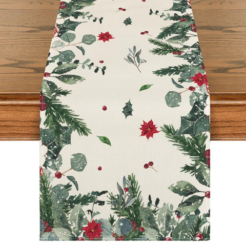 Artoid Mode Green Leaves Poinsettia Holly table runner adds festive holiday table decor.