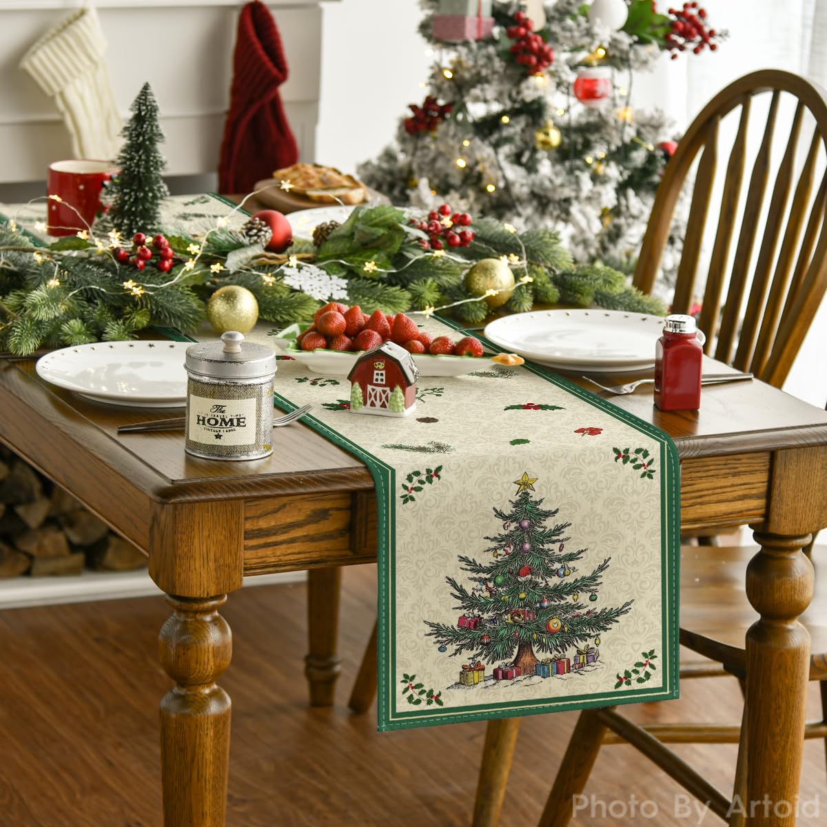 Artoid Mode green Xmas tree table runner adds festive flair to holiday meals.