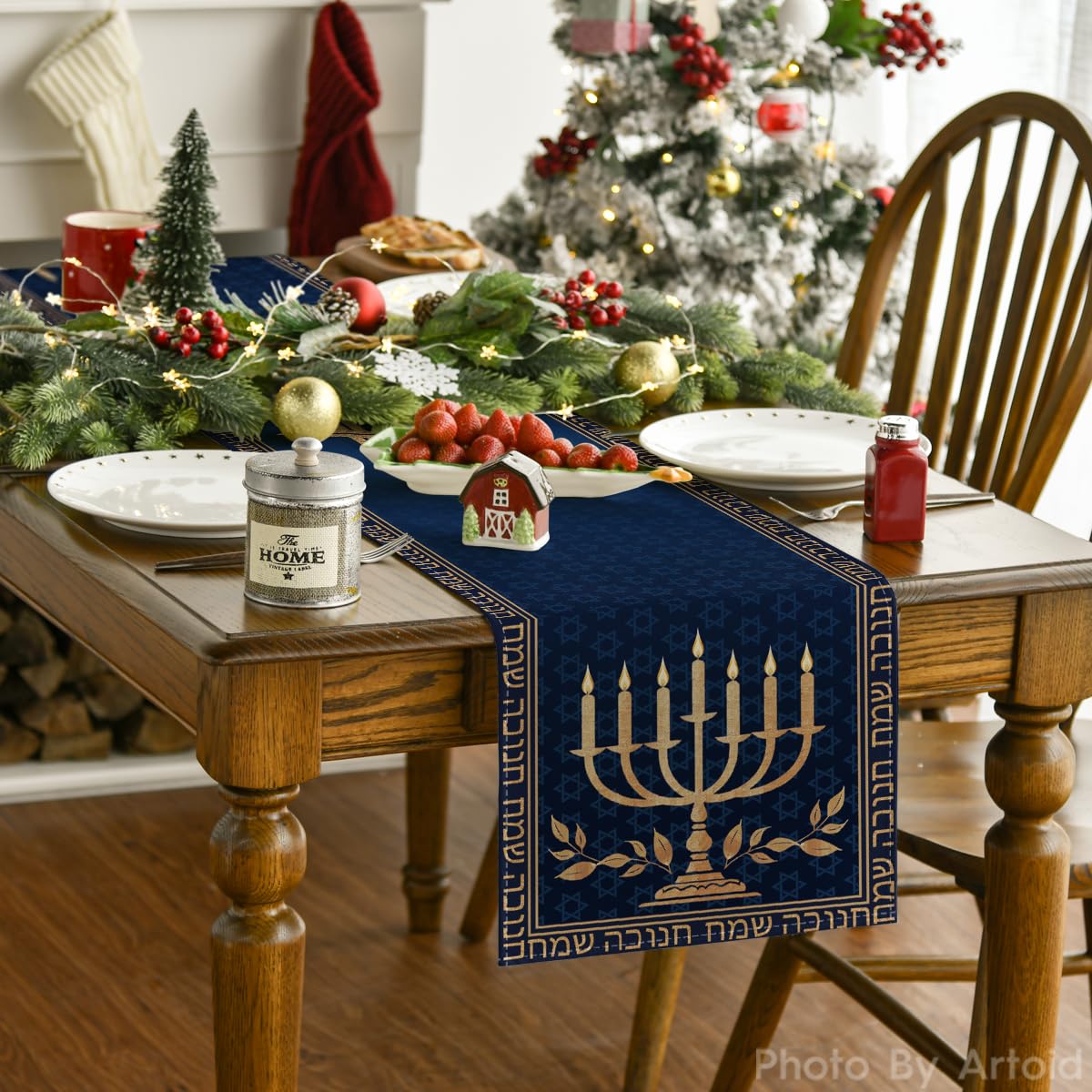 Artoid Mode Hanukkah table runner for festive dining decor and gatherings