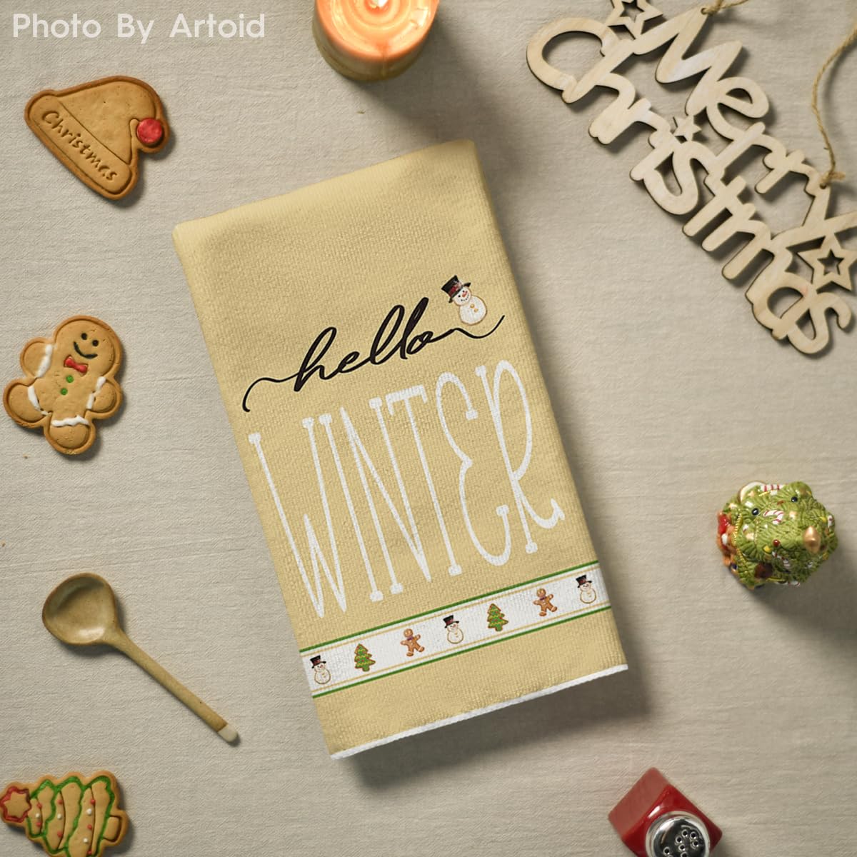 Artoid Mode holiday candy pattern towels adding festive flair to cleaning tasks.