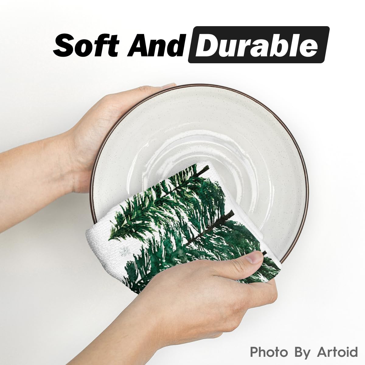 Artoid Mode colorful green tree towel, soft texture ideal for delicate cookware.