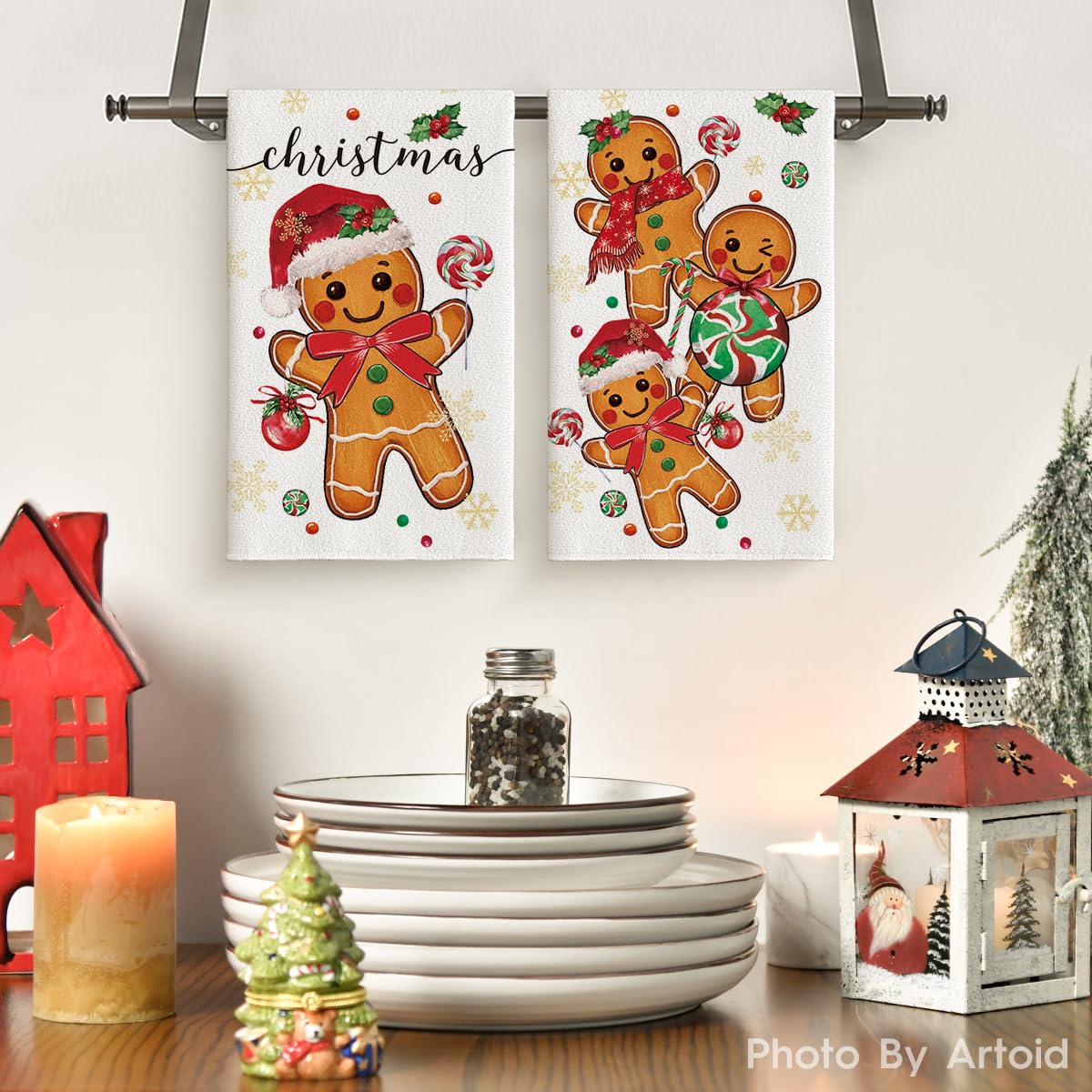 Artoid Mode holiday kitchen towels with holly pattern for daily cleaning