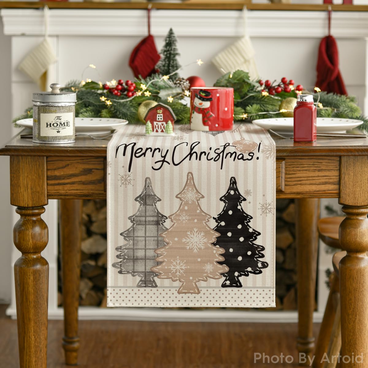 Artoid Mode holiday pine pattern closeup shows vivid colors for lively dining occasions.