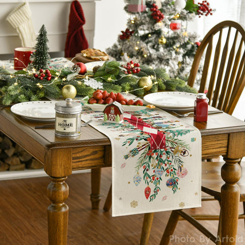 Artoid Mode Holly Christmas Table Runner brightens holiday dining with vivid colors.