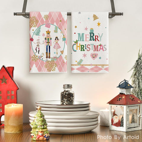 Artoid Mode holly jolly tree towel design displayed while drying dishes