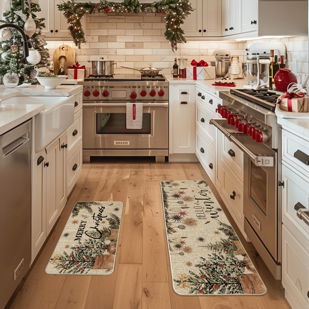 Artoid Mode holly ornament kitchen mat 17x47 adds festive color underfoot and easy cleanup.