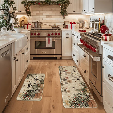 Artoid Mode holly ornament kitchen mat 17x47 adds festive color underfoot and easy cleanup.