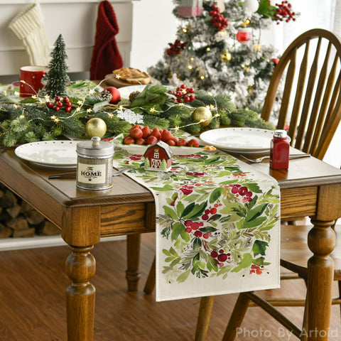 Artoid Mode holly-pattern dining runner adds color and charm to tables.