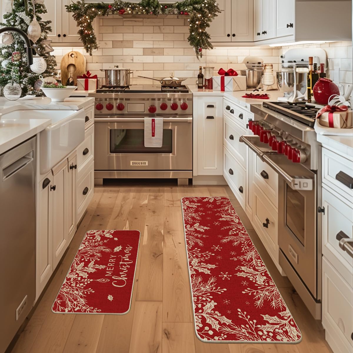 Artoid Mode holly pine branch kitchen mat 17x59 extends seasonal warmth along hallways.