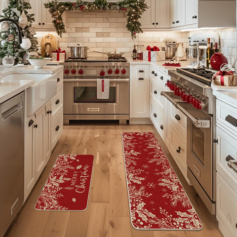 Artoid Mode holly pine branch kitchen mat 17x59 extends seasonal warmth along hallways.