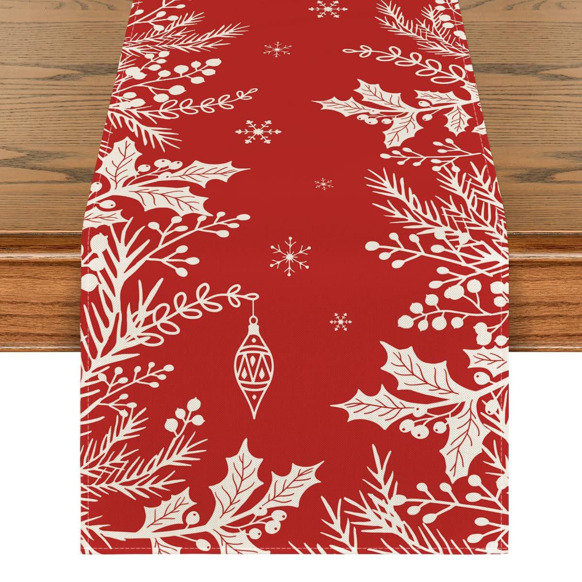 Artoid Mode Holly Pine Branches table runner for a warm holiday table setting.