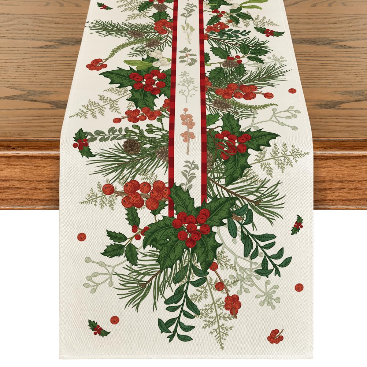 Artoid Mode holly pine cone leaves floral table runner on festive dining setup