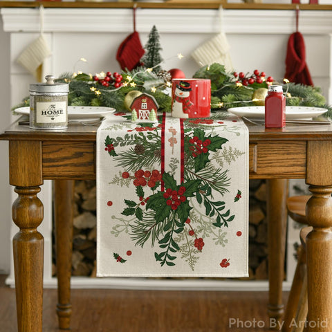 Artoid Mode holly pine cone leaves floral runner with holiday decor and tableware