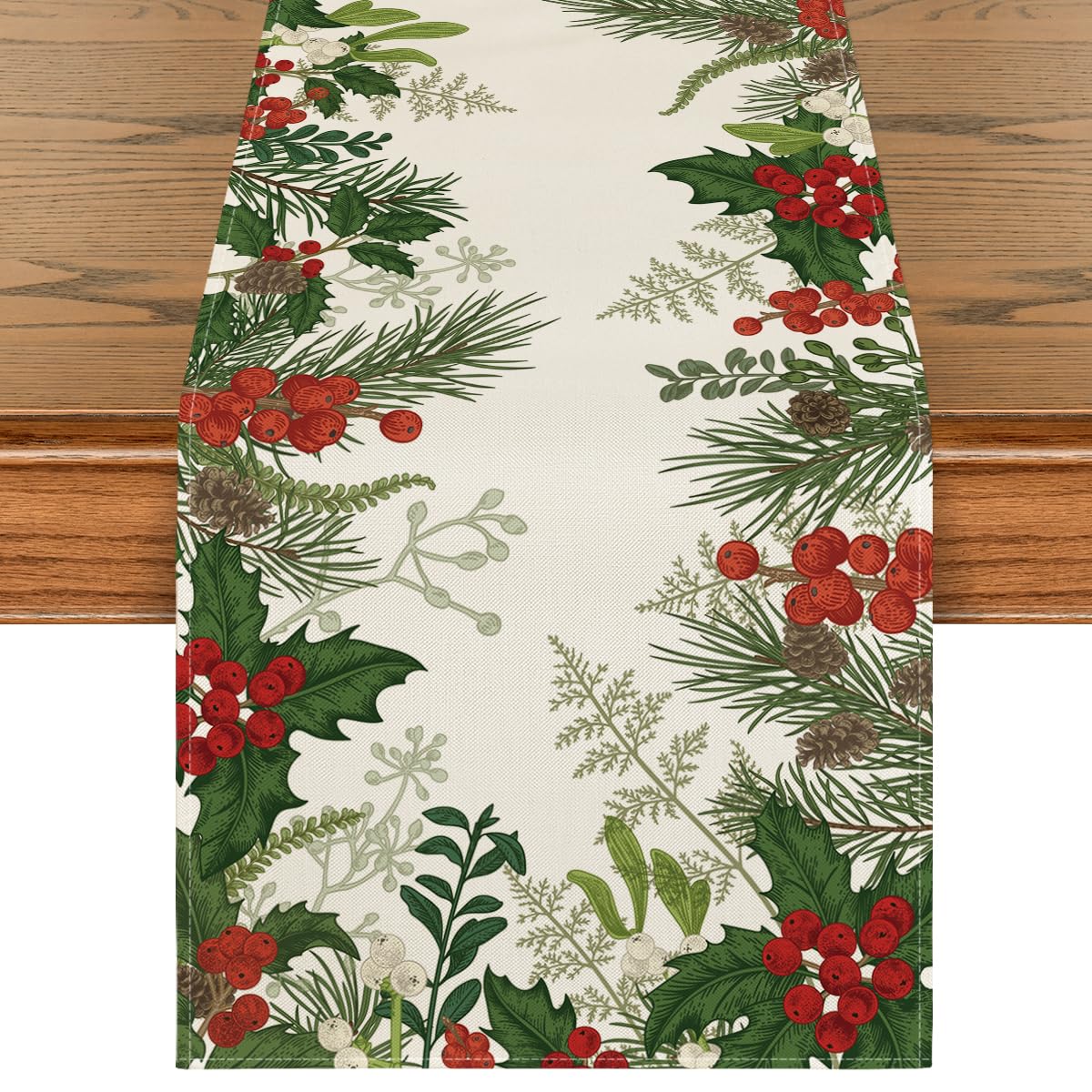 Artoid Mode holly pine cone table runner closeup weave shows durable stitching for daily use.