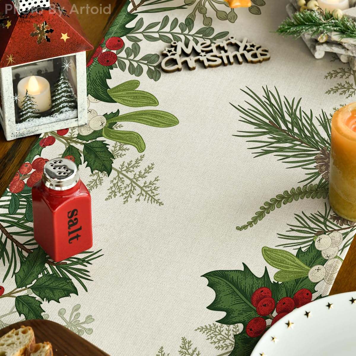 Artoid Mode holly pine cone table runner vibrant colors for winter decor