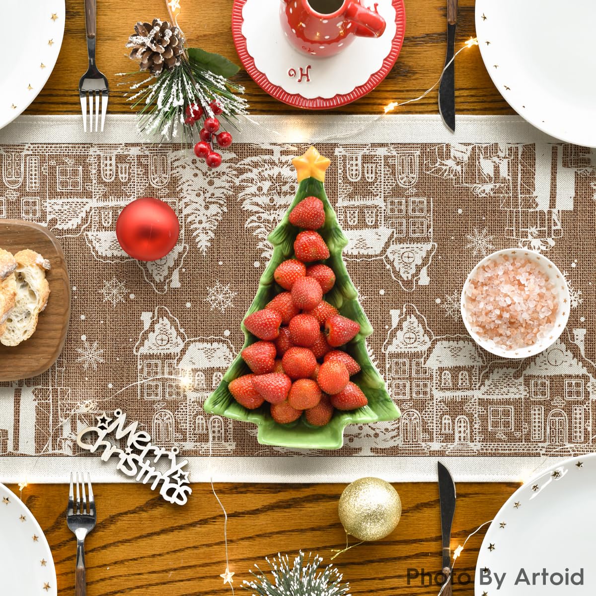 Artoid Mode Igloo Cedar Snowflake silhouette table runner fits 8-10 seat tables.