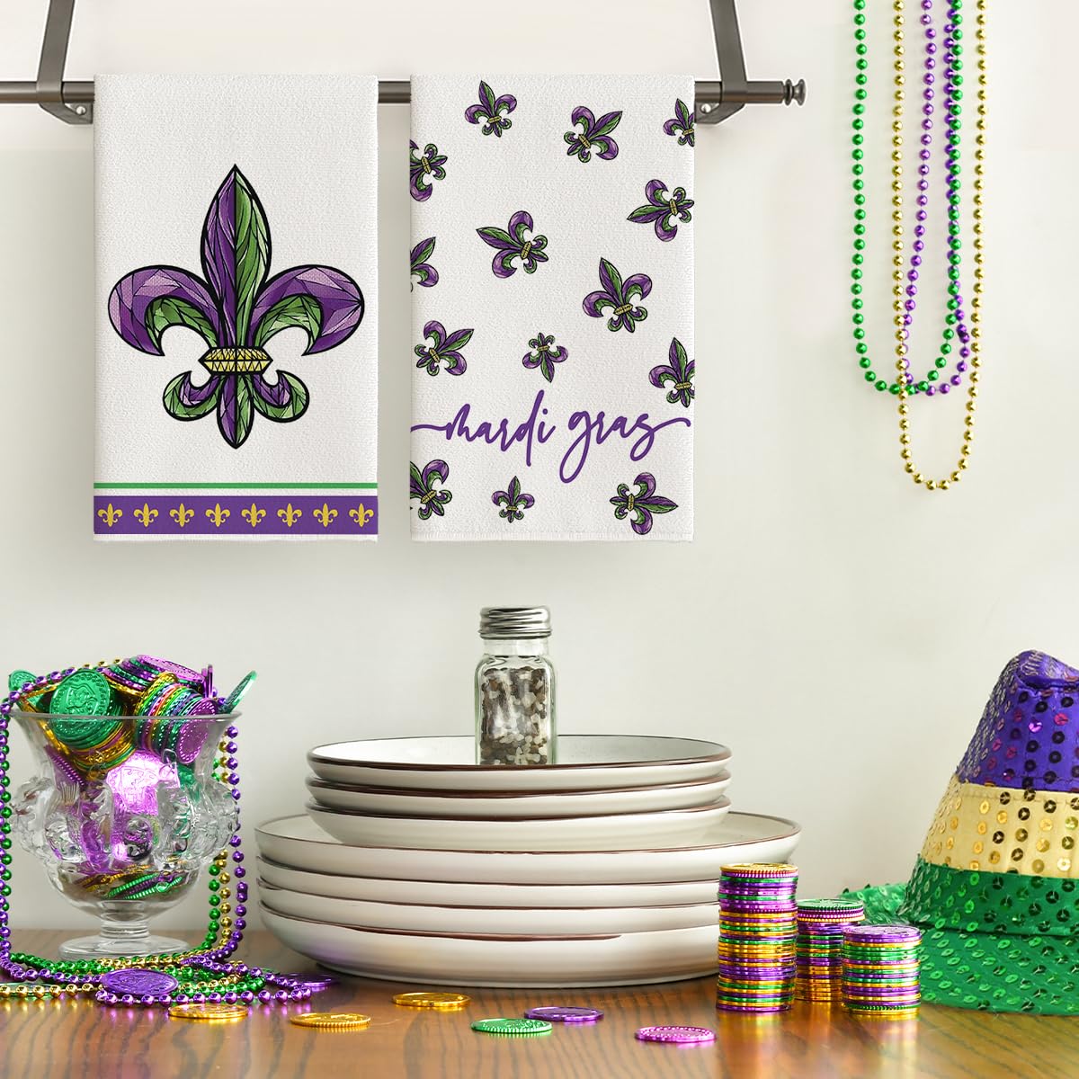 Artoid Mode Iris Mardi Gras towels in action drying dishes after meals