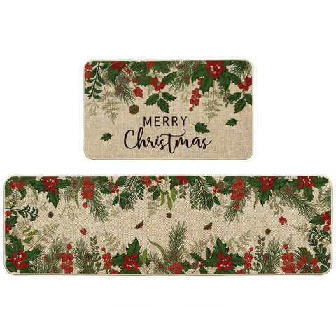 Artoid Mode Leaves Holly kitchen mat 17x29 with festive holly design for seasonal décor and floor protection