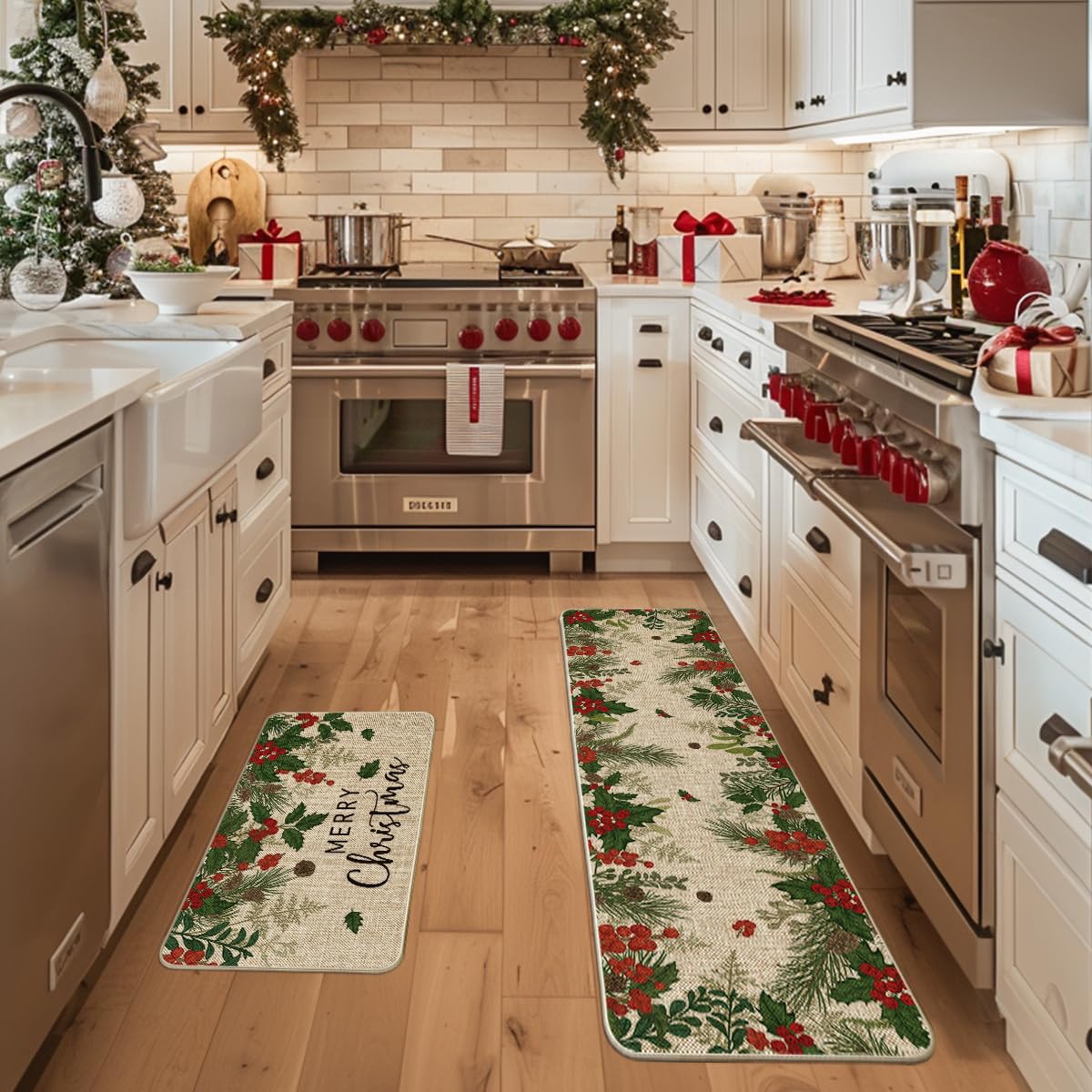 Artoid Mode Leaves Holly kitchen mat 17x59 with festive holly design for seasonal décor and floor protection