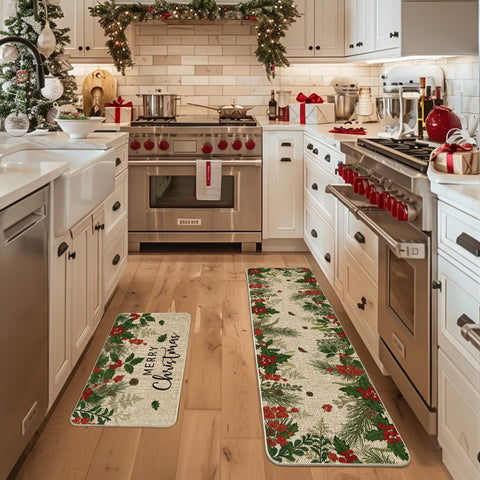 Artoid Mode Leaves Holly kitchen mat 17x59 with festive holly design for seasonal décor and floor protection