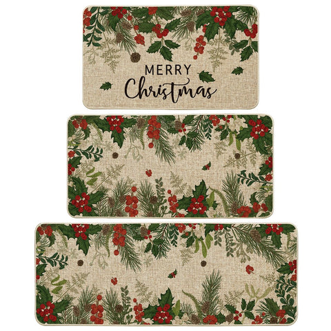 Artoid Mode Leaves Holly Merry Christmas 17x29 kitchen mat angle 1 for festive entryway